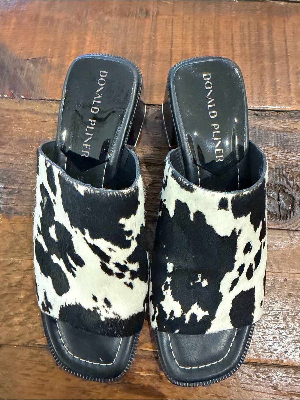 Donald J. Pliner Black and White Cowhide Slide Mules